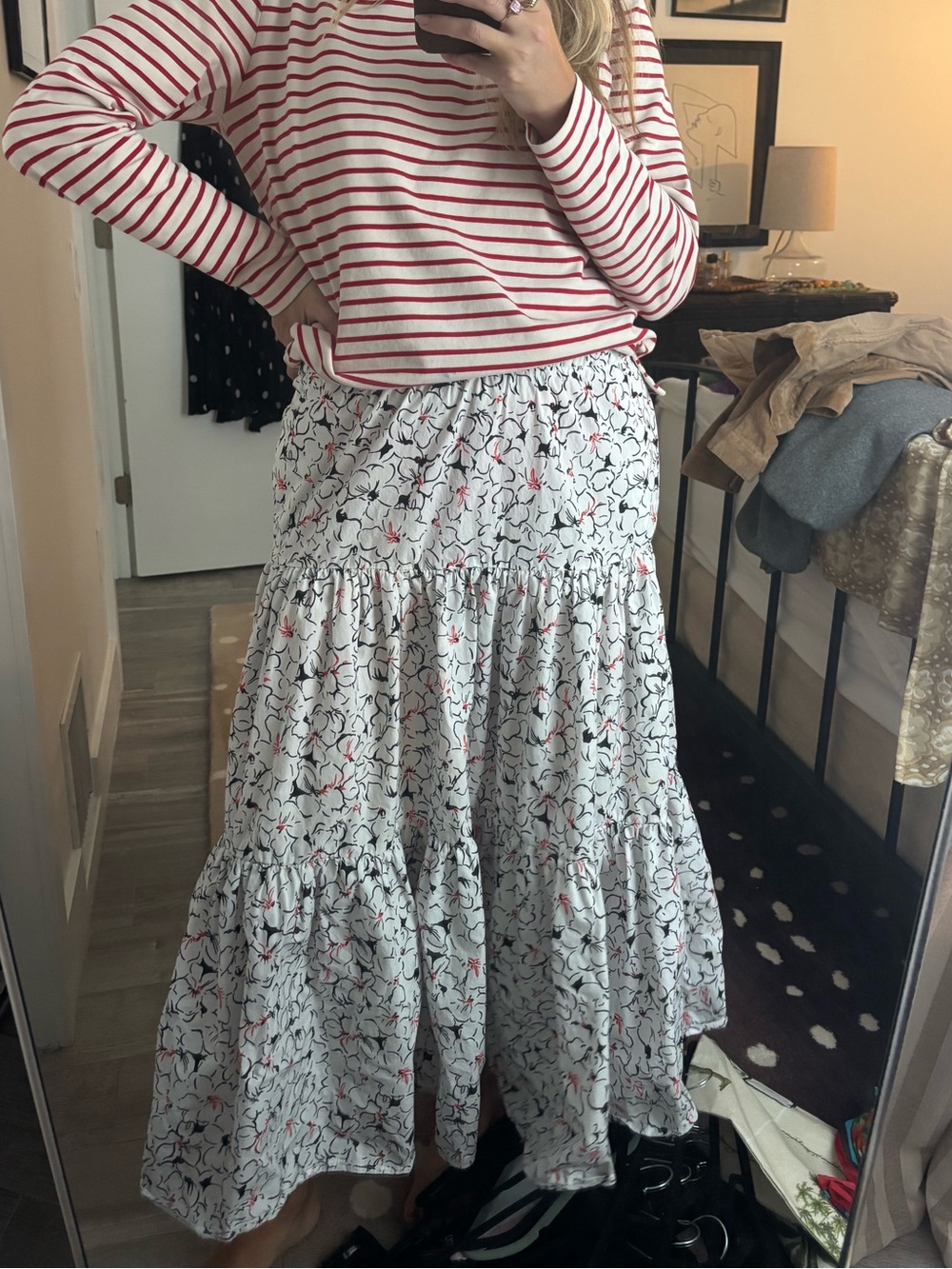 Zara White Floral Tiered Maxi Skirt with Black & Pink Accents